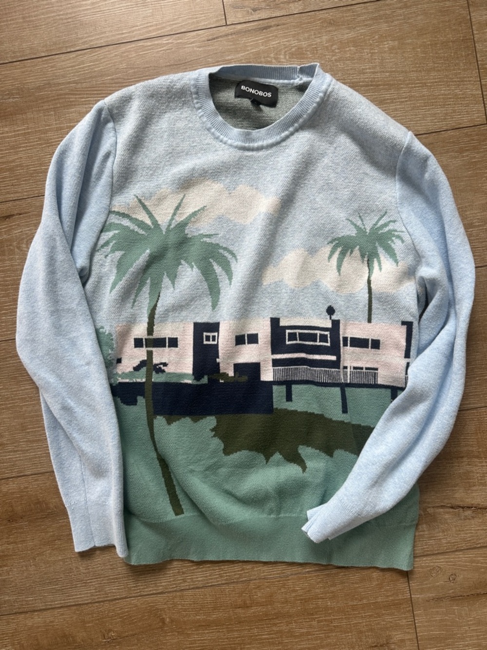Bonobos Light Blue & Green Palm Graphic Crewneck Sweater
